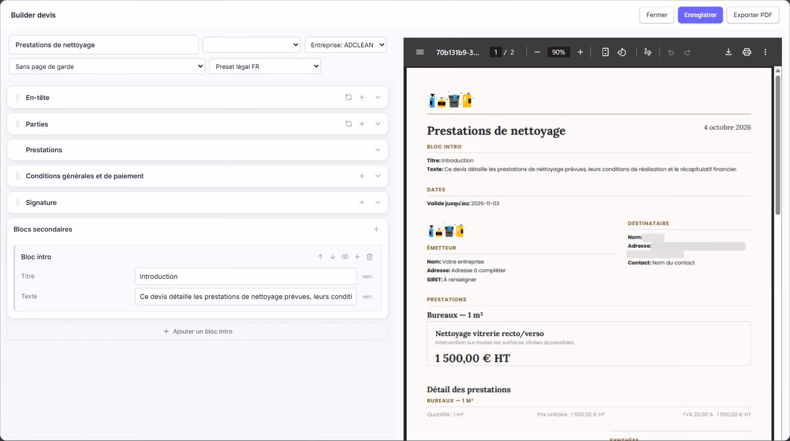 L’éditeur de devis d’Adclean & co : les blocs du devis à gauche, que l’on réordonne, et l’aperçu du document à droite. Le nom et l’adresse du client sont cachés.