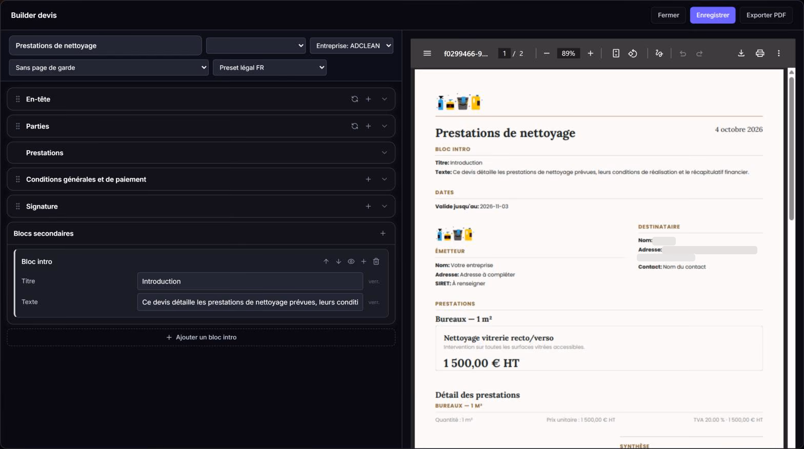 L’éditeur de devis d’Adclean & co : les blocs du devis à gauche, que l’on réordonne, et l’aperçu du document à droite. Le nom et l’adresse du client sont cachés.
