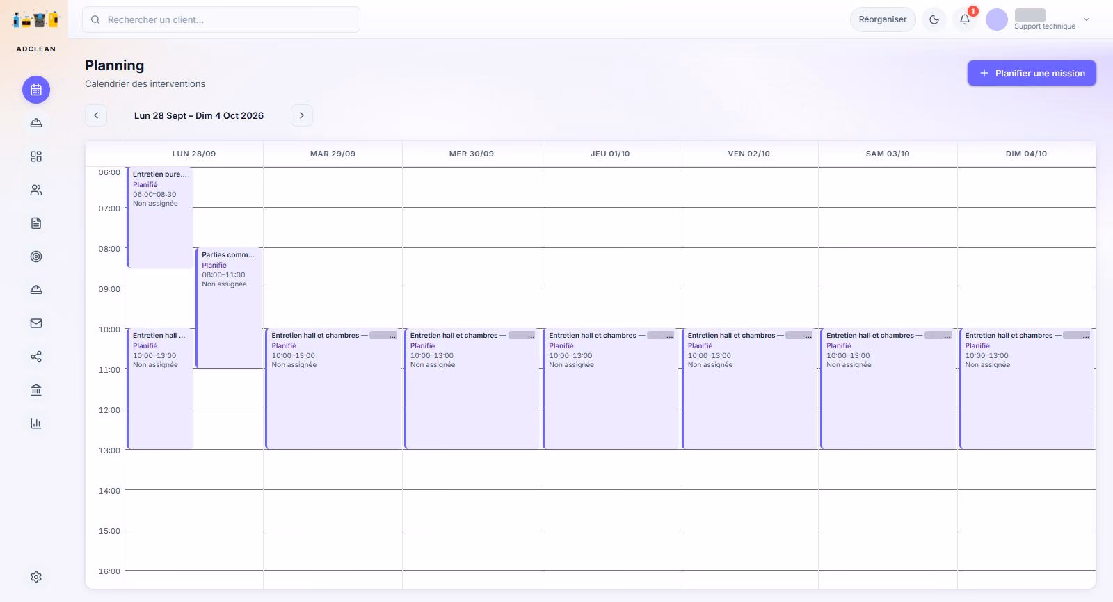 Planning de la semaine, de 6 h à 17 h, avec les interventions planifiées.