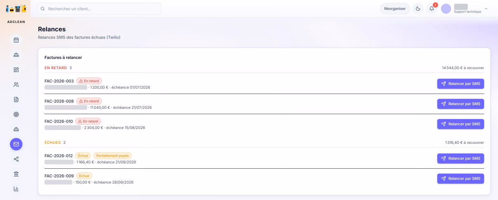 Écran Relances : les factures en retard et échues, chacune avec son bouton de relance par SMS.