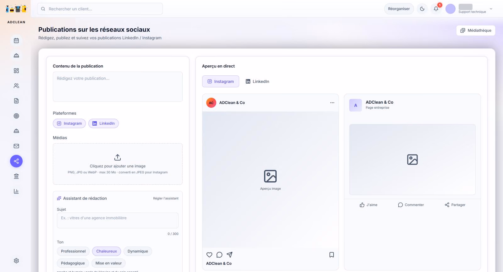 Écran de publication : rédaction du post, choix d’Instagram ou de LinkedIn, assistant de rédaction et aperçu en direct.