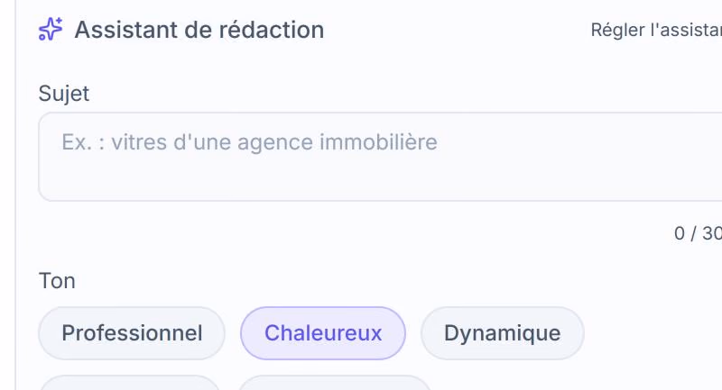 Gros plan sur l’assistant de rédaction et le choix du ton.