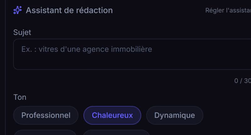 Gros plan sur l’assistant de rédaction et le choix du ton.